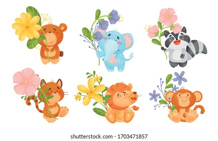 Cute Animals Holding Flower on Stalk with Their Paws Isolated on White Background Vector Set