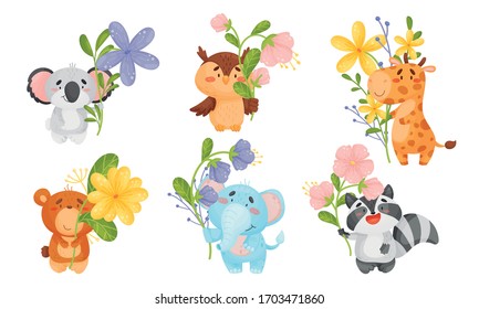 Cute Animals Holding Flower on Stalk with Their Paws Vector Set