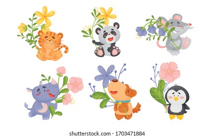 Cute Animals Holding Flower on Stalk with Their Paws Vector Set