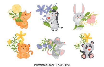 Cute Animals Holding Flower on Stalk with Their Paws Vector Set