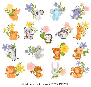 Cute Animals Holding Flower on Stalk with Their Paws Big Vector Set