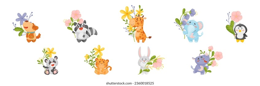 Cute Animals Holding Flower on Stalk with Their Paws Vector Set