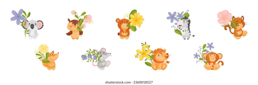 Cute Animals Holding Flower on Stalk with Their Paws Vector Set