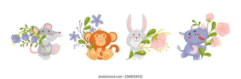 Cute Animals Holding Flower on Stalk with Their Paws Vector Set