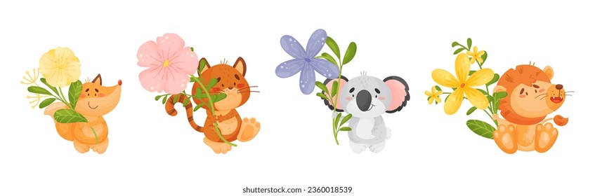 Cute Animals Holding Flower on Stalk with Their Paws Vector Set