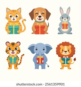 Cute animals holding gift boxes in vector set