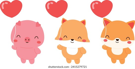  Cute Animals Holding Heart Balloon. Happy Valentine Day