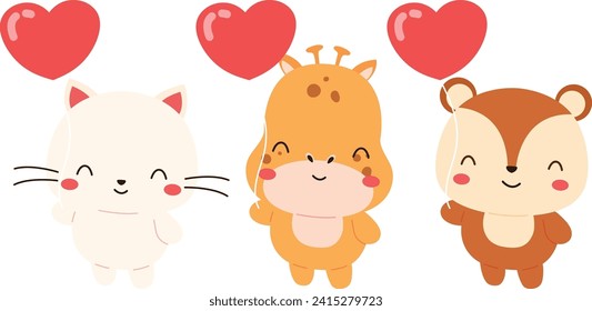  Cute Animals Holding Heart Balloon. Happy Valentine Day