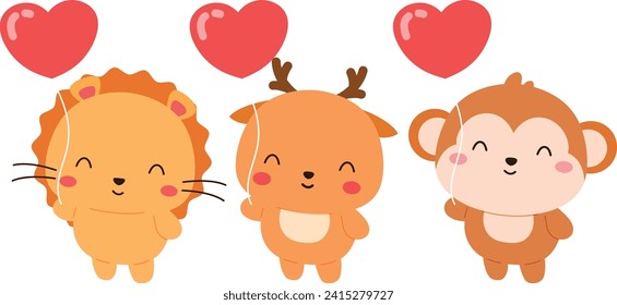  Cute Animals Holding Heart Balloon. Happy Valentine Day