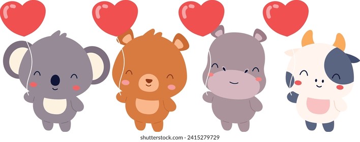  Cute Animals Holding Heart Balloon. Happy Valentine Day