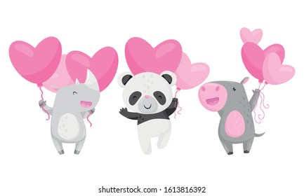 Cute Animals Holding Heart Shaped Pink Balloons Vector Illustrations Set