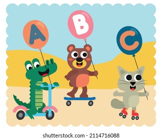 Cute animals holding letter balloons