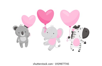 Cute Animals Holding Pink Heart Shaped Toy Balloon Vector Set