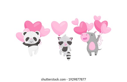 Cute Animals Holding Pink Heart Shaped Toy Balloon Vector Set