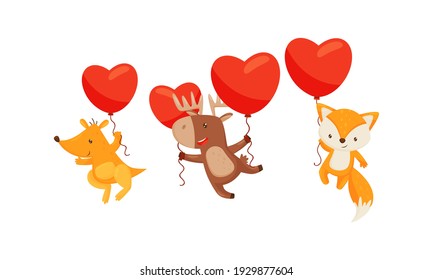 Cute Animals Holding Red Heart Shaped Toy Balloon Vector Set