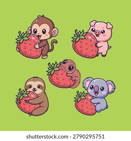 Cute Animals Holding Strawberries Vector Illustration (Monkey, Pig, gecko, Sloth, Koala)