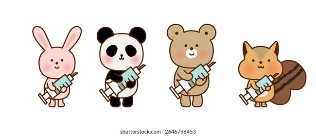 Animais Bonitos Segurando Seringas - Coelho, Panda, Urso, Esquilo