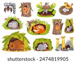 Cute animals in holes. Cartoon nature creatures sleep in burrows. Owl in hollow tree. Gophers and bears dream in dens. Fauna characters. Forest mammals. Birds nest