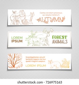 Cute animals horizontal banners set. Vector set of wild animals and birds. Adorable moose, hare, fox, deer, squirrel, wolf, hedgehog. Contour colour illustration on white background.