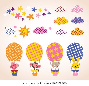 cute animals in hot air balloons kids design elements set