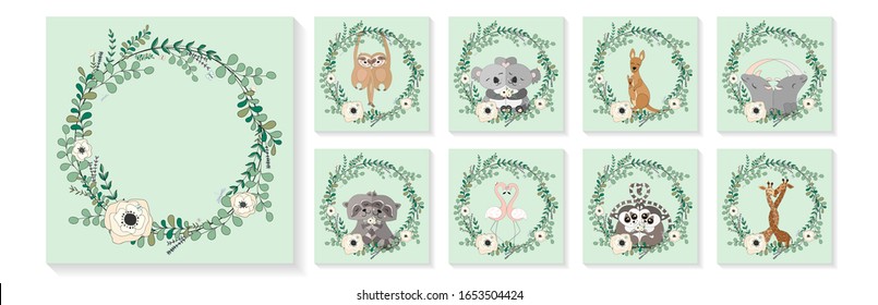 Cute animals hug, eucalyptus and flower wreath. Sloths, koalas, kangaroos, rhinos, raccoons, flamingos, lemurs, giraffes. Greeting cards, posters, banners set. Hand drawn vector illustration.