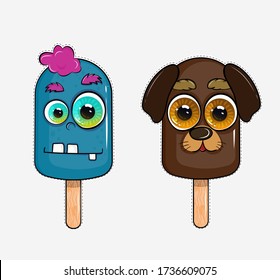 Cute Animals Ice Cream With Big Eyes. Monster Ice Cream. Dog Ice Cream. Cartoon Illustration. Print For Little Boy.