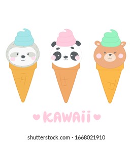 Cute animals ice cream. Comical kawaii food. Vector Illustration for Baby. Cartoon character bear, panda, sloth.