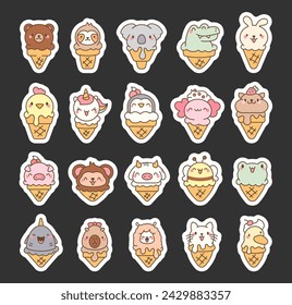 Cute animals with ice cream in waffle cone. Sticker Bookmark. Cartoon funny food dessert. Hand drawn style. Vector drawing. Collection of design elements.