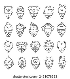 Cute animals with ice cream in waffle cone. Coloring Page. Cartoon funny food dessert. Hand drawn style. Vector drawing. Collection of design elements.