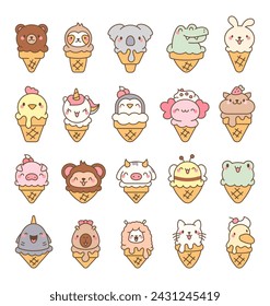 Cute animals with ice cream in waffle cone. Cartoon funny food dessert. Hand drawn style. Vector drawing. Collection of design elements.