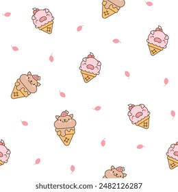 Cute animals with ice cream in waffle cone. Seamless pattern. Cartoon funny food dessert. Hand drawn style. Vector drawing. Design ornaments.