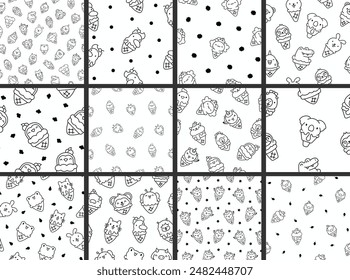 Cute animals with ice cream in waffle cone. Seamless pattern. Coloring Page. Cartoon funny food dessert. Hand drawn style. Vector drawing. Collection of design ornaments.