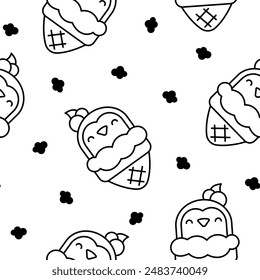 Cute animals with ice cream in waffle cone. Seamless pattern. Coloring Page. Cartoon funny food dessert. Hand drawn style. Vector drawing. Design ornaments.