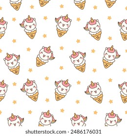 Cute animals with ice cream in waffle cone. Seamless pattern. Cartoon funny food dessert. Hand drawn style. Vector drawing. Design ornaments.