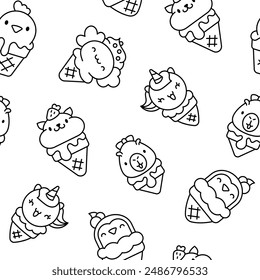 Cute animals with ice cream in waffle cone. Seamless pattern. Coloring Page. Cartoon funny food dessert. Hand drawn style. Vector drawing. Design ornaments.