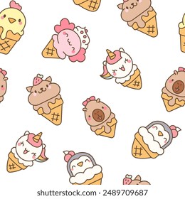 Cute animals with ice cream in waffle cone. Seamless pattern. Cartoon funny food dessert. Hand drawn style. Vector drawing. Design ornaments.