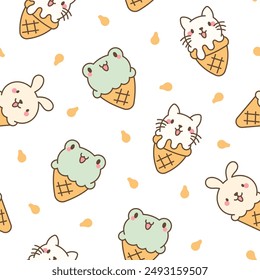 Cute animals with ice cream in waffle cone. Seamless pattern. Cartoon funny food dessert. Hand drawn style. Vector drawing. Design ornaments.