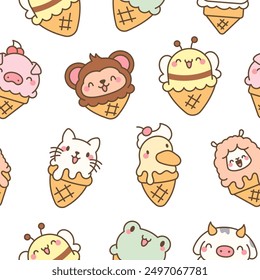 Animales lindos con helado en cono de waffle. Patrón sin fisuras. Dibujos animados de postre de comida divertida. Estilo dibujado a mano. Dibujo de Vector. Diseña adornos.