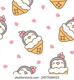 Cute animals with ice cream in waffle cone. Seamless pattern. Cartoon funny food dessert. Hand drawn style. Vector drawing. Design ornaments.