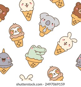 Cute animals with ice cream in waffle cone. Seamless pattern. Cartoon funny food dessert. Hand drawn style. Vector drawing. Design ornaments.