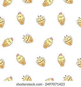 Cute animals with ice cream in waffle cone. Seamless pattern. Cartoon funny food dessert. Hand drawn style. Vector drawing. Design ornaments.