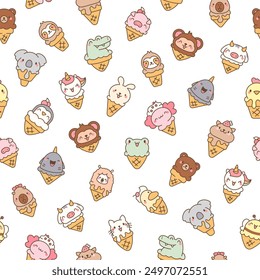 Cute animals with ice cream in waffle cone. Seamless pattern. Cartoon funny food dessert. Hand drawn style. Vector drawing. Design ornaments.