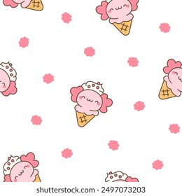 Cute animals with ice cream in waffle cone. Seamless pattern. Cartoon funny food dessert. Hand drawn style. Vector drawing. Design ornaments.