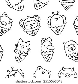 Animais bonitos com sorvete em waffle cone. Padrão contínuo. Página de cores. Desenho animado sobremesa de comida. Estilo desenhado à mão. Desenho vetorial. Desenhar ornamentos.