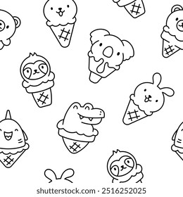 Animales lindos con helado en cono de waffle. Patrón sin fisuras. Página para colorear. Dibujos animados de postre de comida divertida. Estilo dibujado a mano. Dibujo de Vector. Diseña adornos.