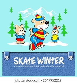 cute animals and ice skating, Animal Cartoon, Flat Vector Illustration
