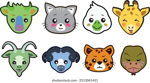 Cute animals icons colorful stickers bundle