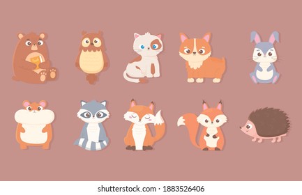 cute animals icons set with bear rabbit owl cat dog hamster fox raccoon squirrel and hedgehog vector illustration