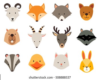 Cute animals icons set. Cat and wolf head, rabbit logo. Cartoon raccon card. Vector flat illustration isolated on white background