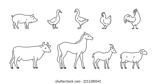 Cute Animals Icons Set - Horse, Cow, Goat, Sheep, Pig, Duck, Chick, Goose, Cock. Vector Illustration With Farm Animals In Cartoon Style.